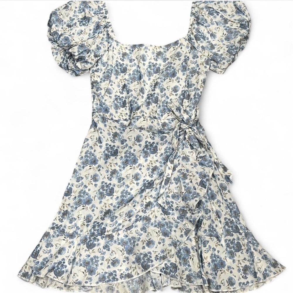 Trixxi Blue White Floral Puff Sleeve Wrap Mini Dress Cottagecore XS Easter